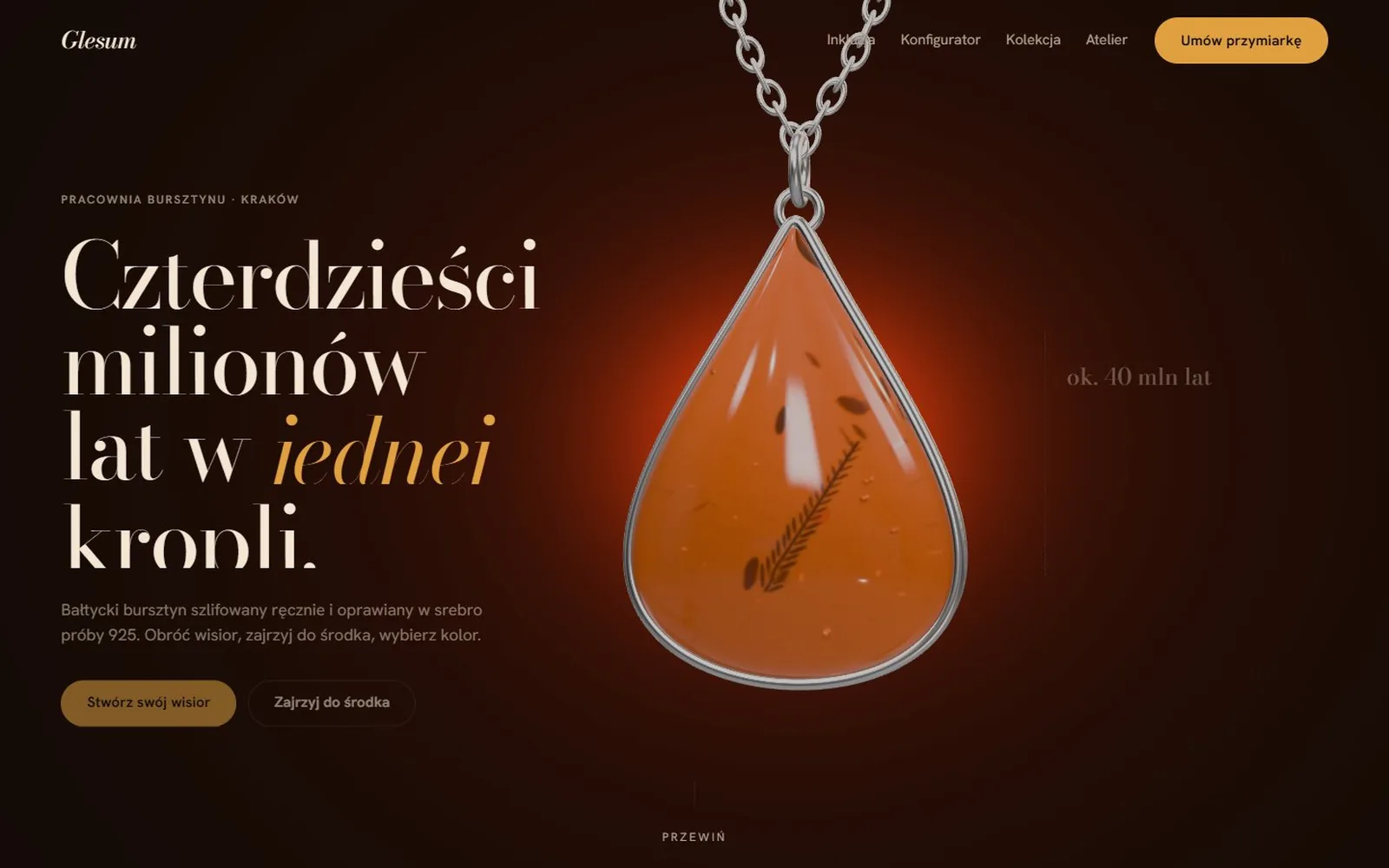 GLESUM — strona pracowni bursztynu: wisior z bursztynu renderowany na żywo w 3D
