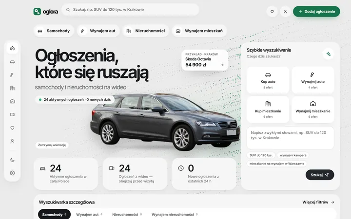 Oglora — platforma ogłoszeń motoryzacyjnych i nieruchomości z wyszukiwarką