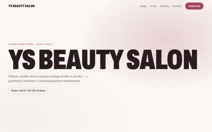 YS Beauty Salon — koncepcja strony salonu kosmetycznego, jasne tło, duży napis nazwy